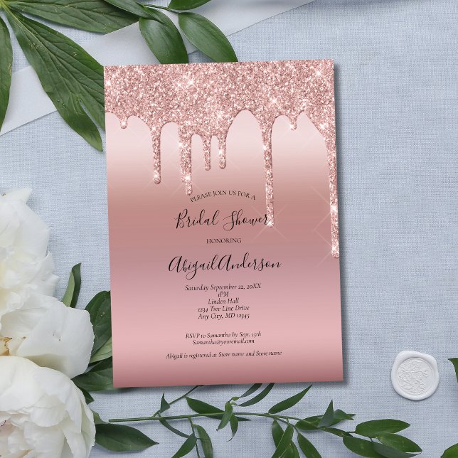 Invitación Lluvia de Rosa Dorado Rosa para Despedida de Solte (Blush Pink Rose Gold Dripping Glitter Bridal Shower invitation. Elegant Modern Trendy)