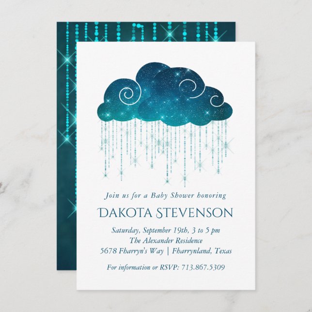 Invitación Lluvia espumosa | Baby Shower blanco y turquesa (Anverso / Reverso)