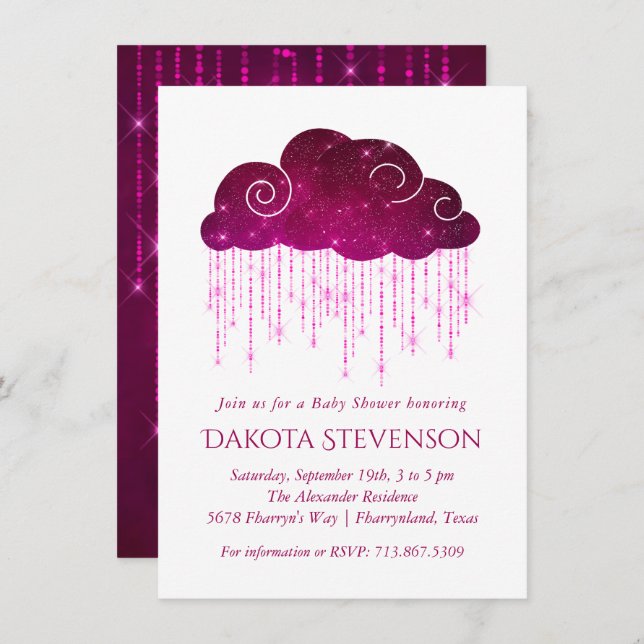 Invitación Lluvia espumosa | Baby Shower monocromo rosa oscur (Anverso / Reverso)