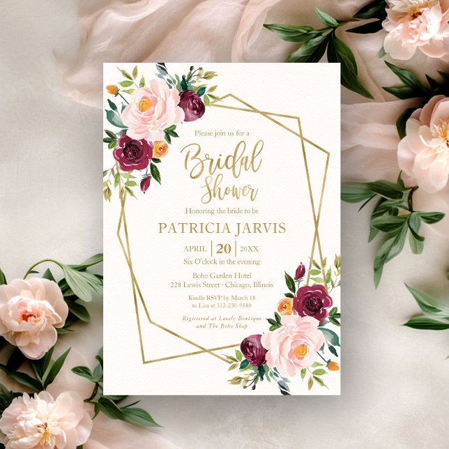 Invitación Lluvia floral geométrica de Borgoña para despedida (Subido por el creador)