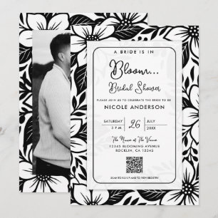 Invitación Lluvia floral negra y blanca para baby shower