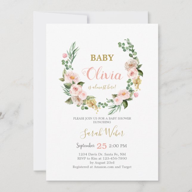 Invitación Lluvia floral rosa Rubor ducha de bebé (Anverso)