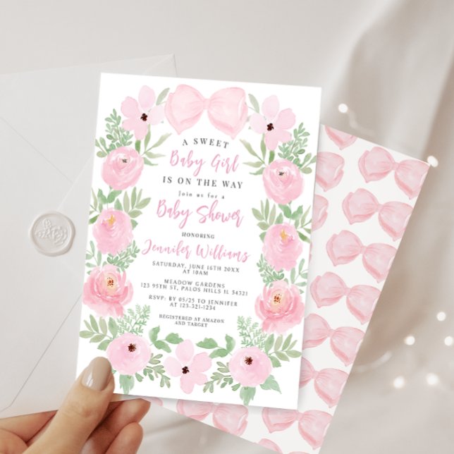 Invitación Lluvia floral rosada lindo arco boho bebé ducha (Subido por el creador)