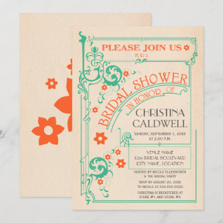 Invitación Lluvia Floral Vintage Menta Naranja Desayuno Nupci