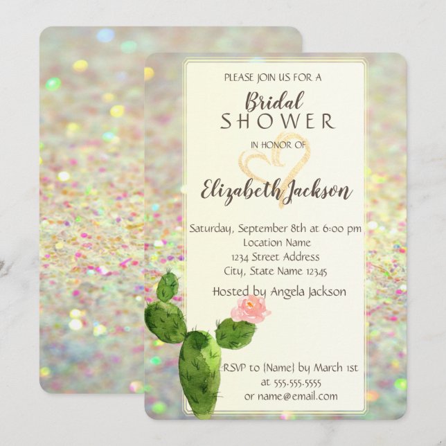 Invitación Lluvia Moderna Bokeh Cactus  Despedida de soltera (Anverso / Reverso)