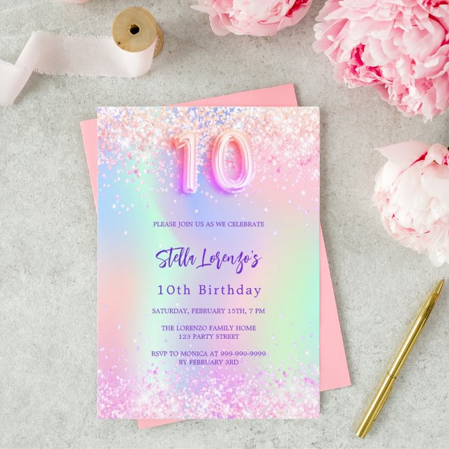 Invitación Lluvia morada rosada holográfica 10 años (Subido por el creador)