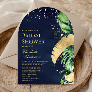 Invitación Lluvia Nupcial Azul Marino con Arco de Palma Dorad