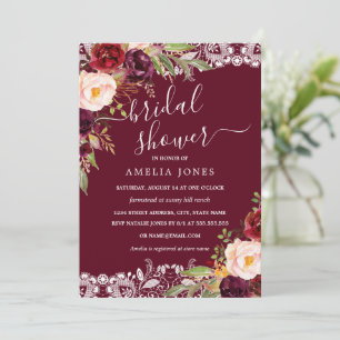 Invitación Lluvia Nupcial de Encaje Floral Marfil Burgundy Rú
