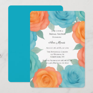 Invitación Lluvia nupcial de rosas naranjas y azul turquesa e