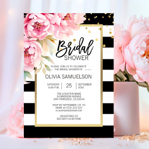 Invitación Lluvia Nupcial Floral Rosa Acuarela Blanco y Negro
