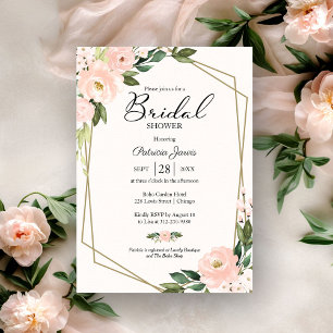 Invitación Lluvia Nupcial Floral Rubor Rosa Geométrico Dorado