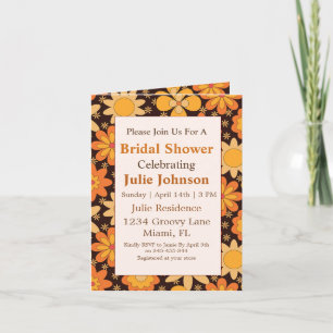 Invitación Lluvia Nupcial Retro Groovy Floral Naranja Amarill