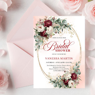Invitación Lluvia Nupcial Rústica Burgundy y Flores Blancas D