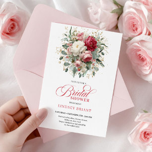 Invitación Lluvia Romántica Bohemiana Rubí Rojo Rubor Oro
