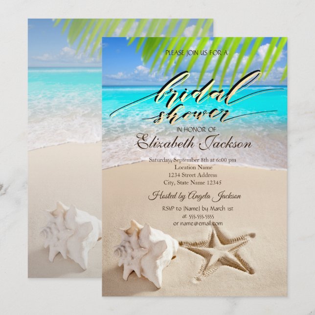 Invitación Lluvia Tropical de Playa, Estrella de Mar, Caracol (Anverso / Reverso)