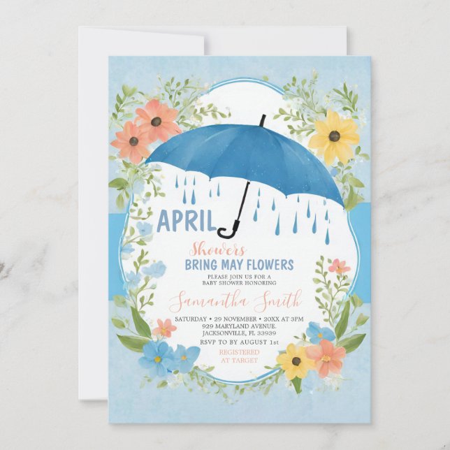 Invitación Lluvias de Abril Traen Flores de Mayo Paraguas Azu (Anverso)