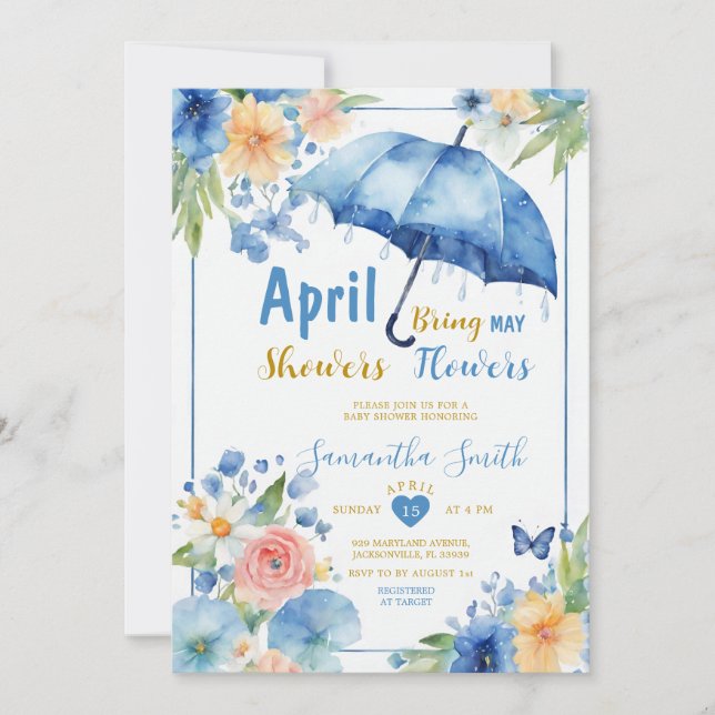 Invitación Lluvias de Abril traen flores de Mayo Paraguas Azu (Anverso)