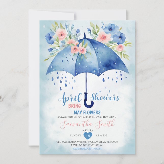 Invitación Lluvias de Abril Traen Flores de Mayo Paraguas Azu (Anverso)