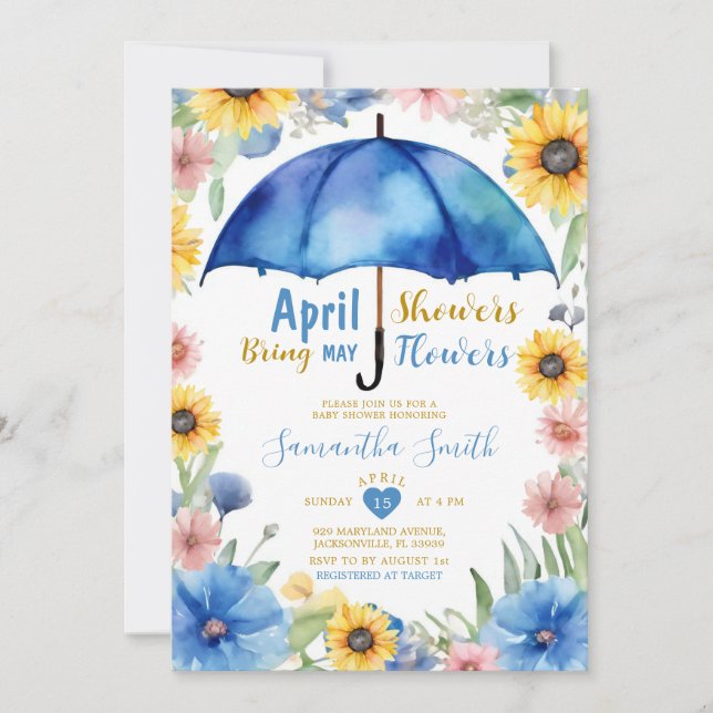 Invitación Lluvias de Abril traen flores de Mayo Paraguas Azu (Anverso)