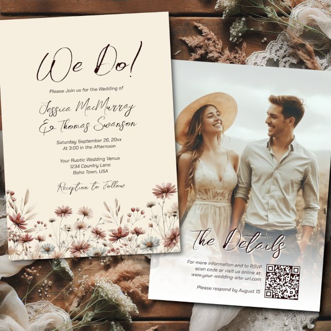 Invitación ¡Lo Hacemos! Boda de Flores Silvestres y Boho Rúst (Front/Back)