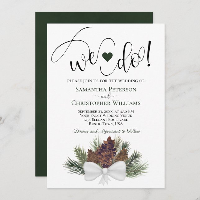 Invitación ¡Lo Hacemos! Boda de Invierno Rústica de Pinecones (Anverso / Reverso)