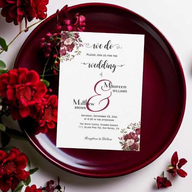 Invitación ¡Lo hacemos! Borgoña Floral Moderno Boda de escrit (Subido por el creador)