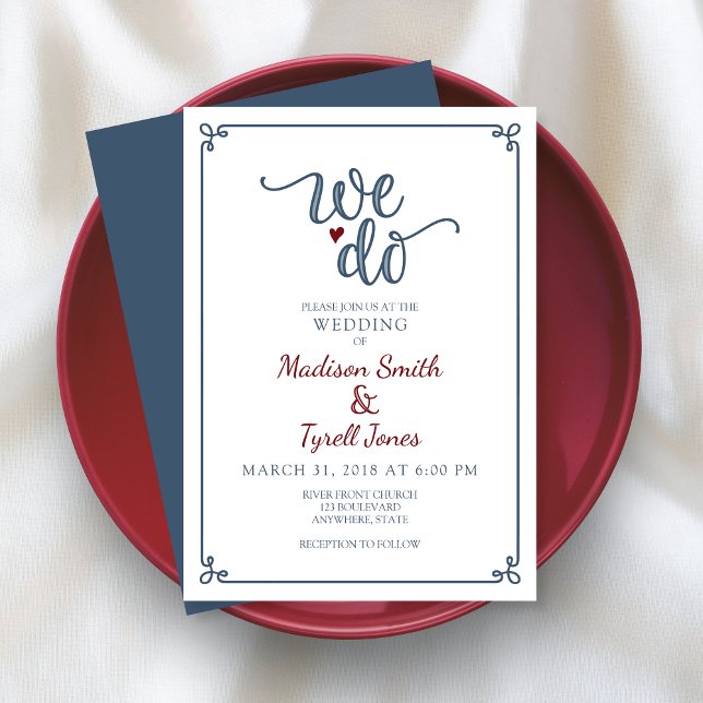 Invitación "Lo hacemos" Dusty Blue & Red Boda (Shown on a 5" x 7" invitation
)