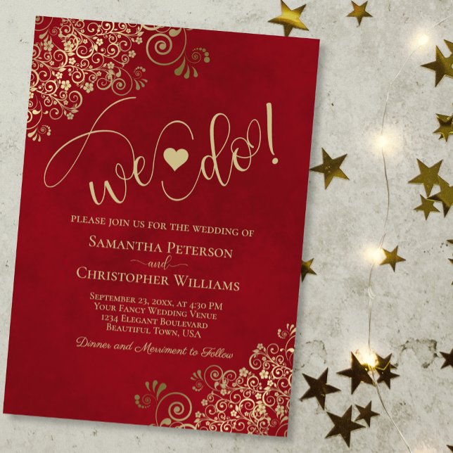Invitación ¡Lo Hacemos! Elegante amigo Crimson Boda rojo y or (Subido por el creador)