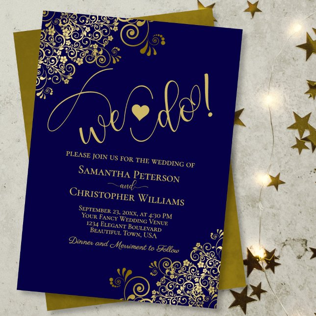 Invitación ¡Lo Hacemos! Elegante Boda de la Marina Azul y Oro (Front/Back)