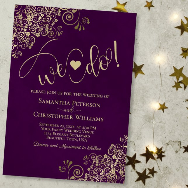 Invitación ¡Lo Hacemos! Elegante Frilly Plum Purple & Gold Bo (Subido por el creador)
