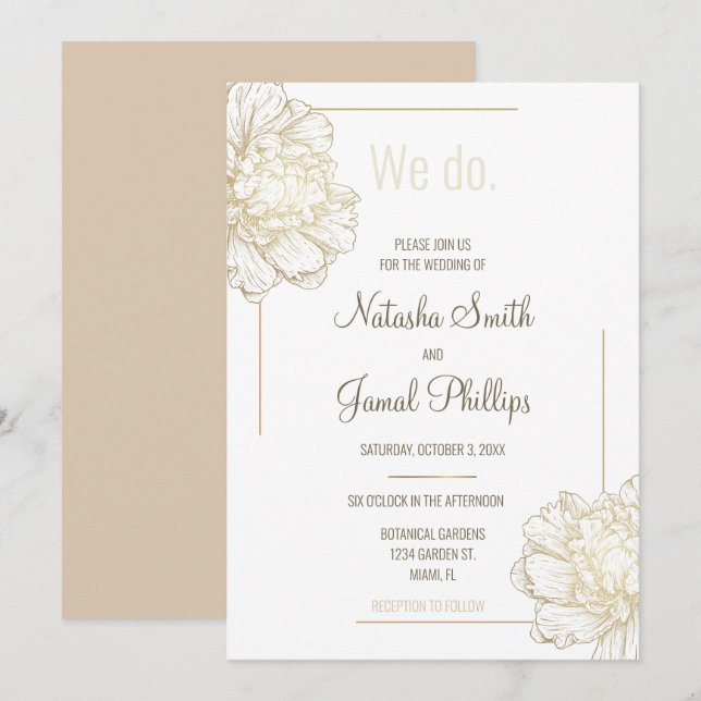 Invitación Lo hacemos. Gold Peony flor Boda moderno (Anverso / Reverso)