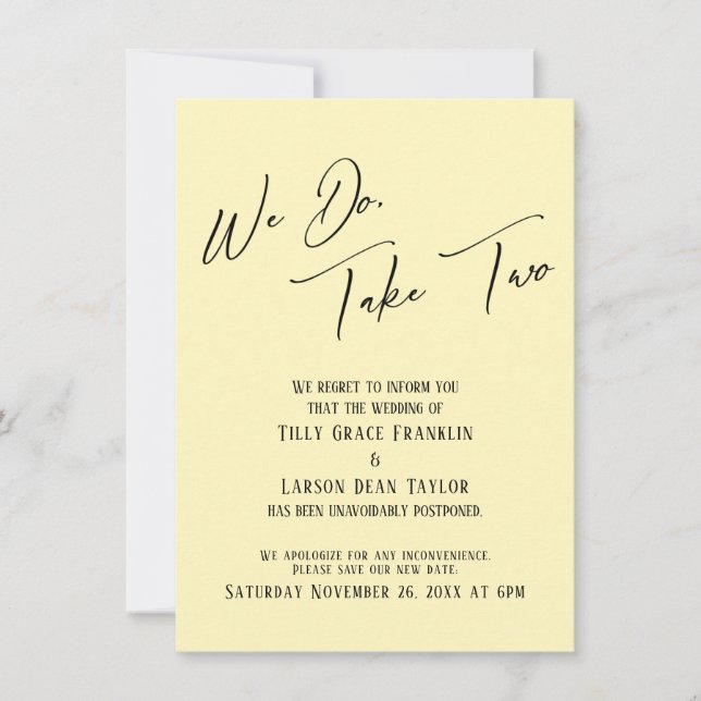 Invitación Lo Hacemos, Toma Dos: Amarillo pálido Boda retarda (Anverso)