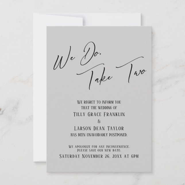 Invitación Lo Hacemos, Toma Dos: Gris claro Boda retardado (Anverso)
