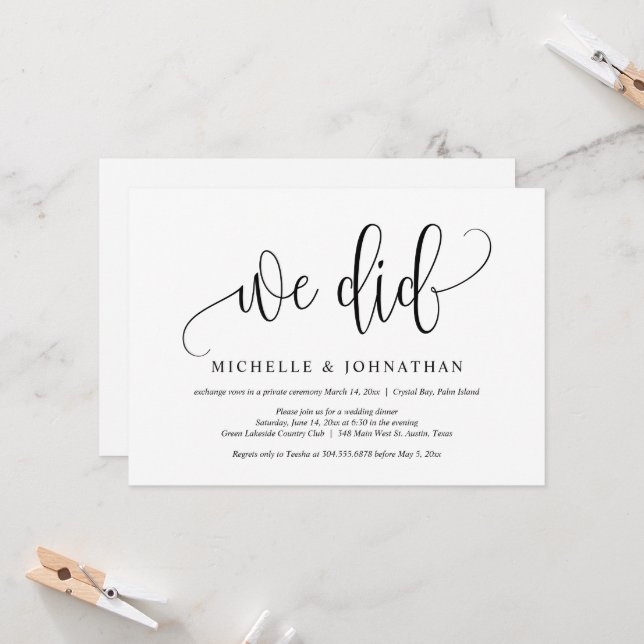 Invitación Lo hicimos, Boda Elopement Fiesta Celebration (Anverso/Reverso In Situ)