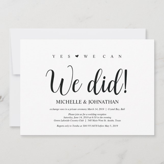 Invitación Lo hicimos, Boda Elopement Receptions Invita (Anverso)