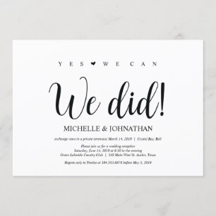 Invitación Lo hicimos, Boda Elopement Receptions Invita
