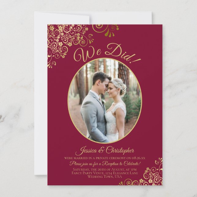 Invitación ¡Lo hicimos! Encaje dorado en la recepción de boda (Anverso)