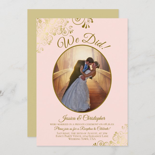 Invitación ¡Lo hicimos! Recepción de boda con encaje dorado y (Anverso / Reverso)