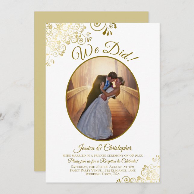 Invitación ¡Lo Hicimos! Recepción de Boda Dorada y Blanca Fie (Anverso / Reverso)