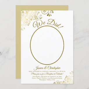 Invitación ¡Lo Hicimos! Recepción de la boda dorada y blanca 