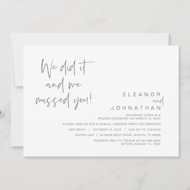 Invitación Lo hicimos, te extrañamos, Fiesta de Boda Fugada (Anverso)