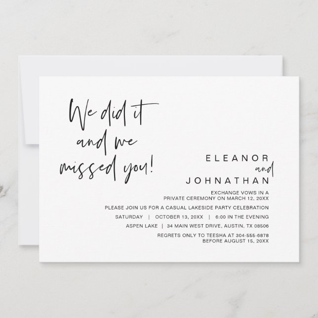 Invitación Lo hicimos, te extrañamos, Fiesta de Boda Fugada (Anverso)