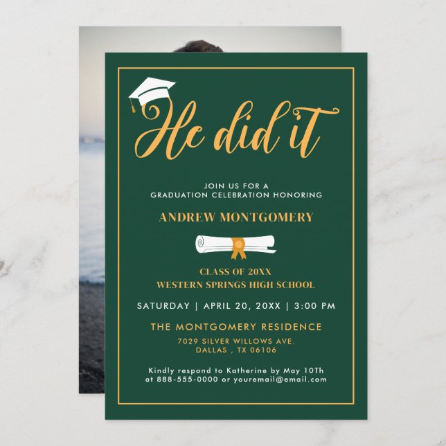 Invitación Lo Hizo Grad Cap Tassel Green Graduation Photo I (Anverso / Reverso)