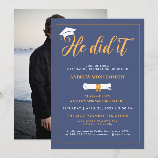 Invitación Lo Hizo Grad Foto De Graduación Azul De Cap Tassel (Anverso / Reverso)