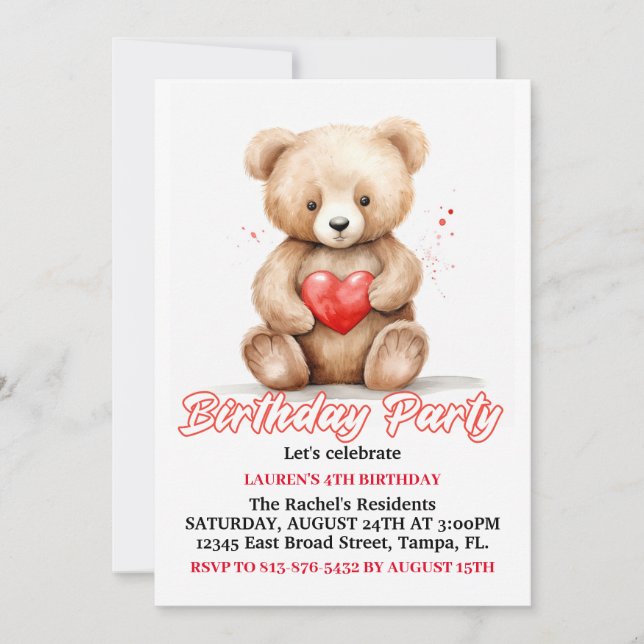 Invitación Loable fiesta de cumpleaños de Teddy Bear (Anverso)