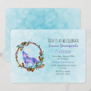 Invitación Lobo acuarela con corona de estilo boho cumpleaños