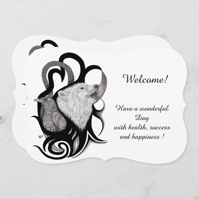 Invitación Lobo blanco con raven, añade tu texto (Anverso / Reverso)