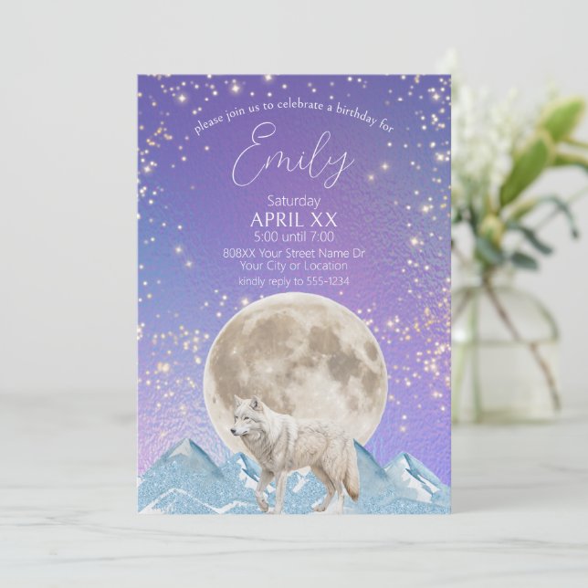 Invitación Lobo Blanco y Aurora Boreal Luz de Luna (Anverso de pie)