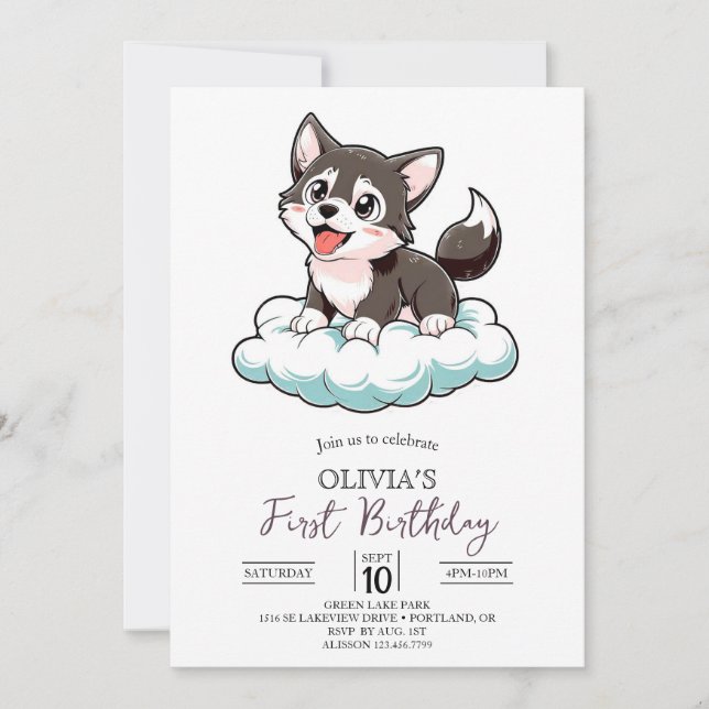 Invitación Lobo digital Pastel Editable 1er cumpleaños (Anverso)