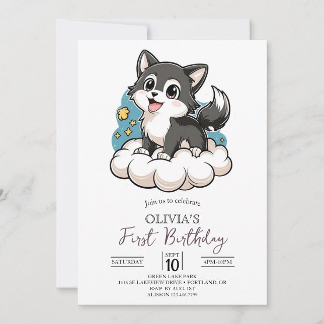 Invitación Lobo digital único de Woodland 1er cumpleaños (Anverso)
